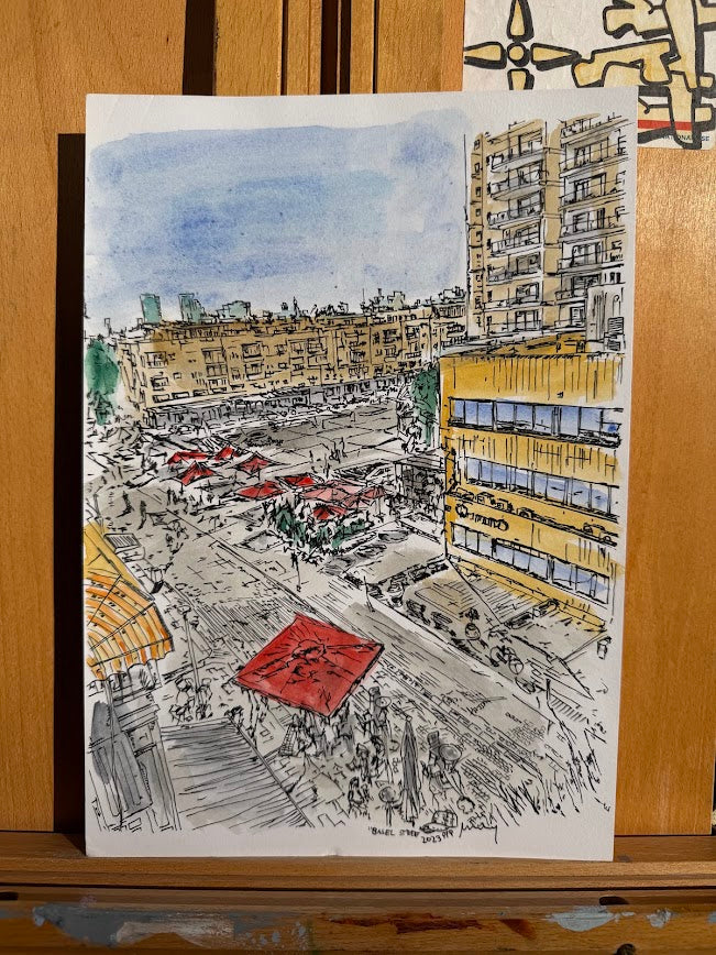 ORIGINAL WATERCOLOR PAINTING KIKAR BASEL (SQUARE) TEL AVIV