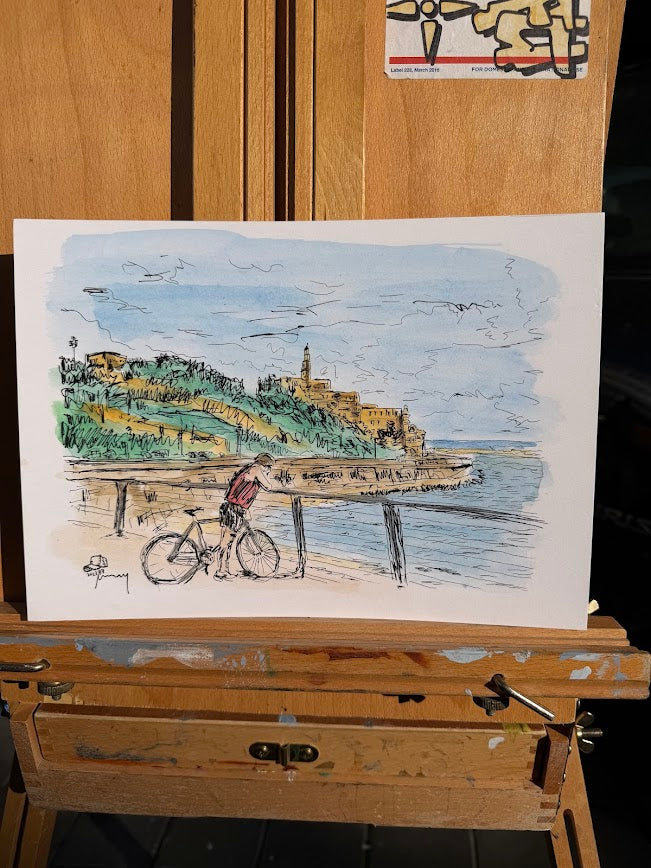 ORIGINAL WATERCOLOR PAINTING JAFFA WITH BIKE TEL AVIV