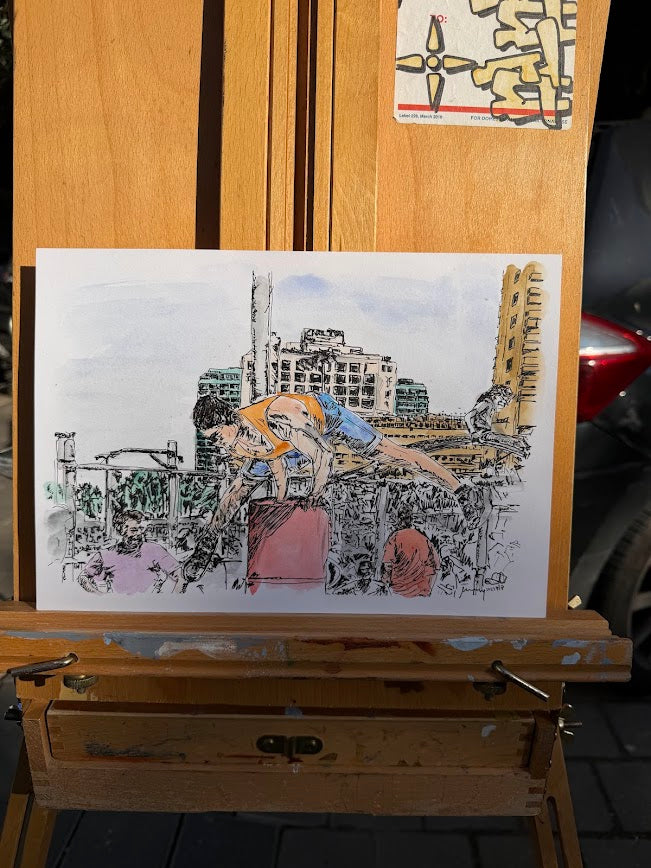 ORIGINAL WATERCOLOR PAINTING TEL AVIV CARLTON HOTEL ON THE BEACH