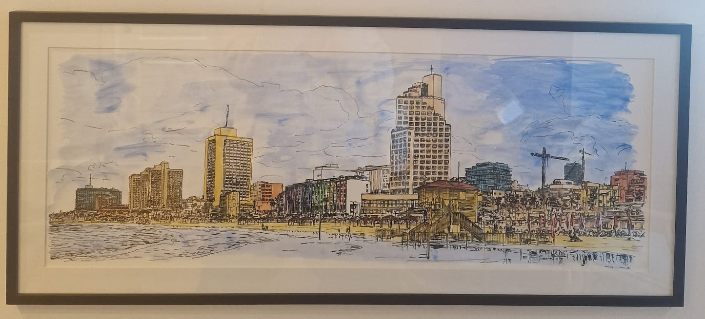 ORIGINAL WATERCOLOR PAINTING ART TEL AVIV DAN HOTEL PANORAMA