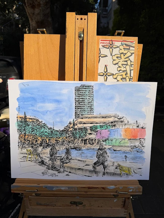 ORIGINAL WATERCOLOR PAINTING DIZENGOFF SQUARE TEL AVIV WITH PEOPLE