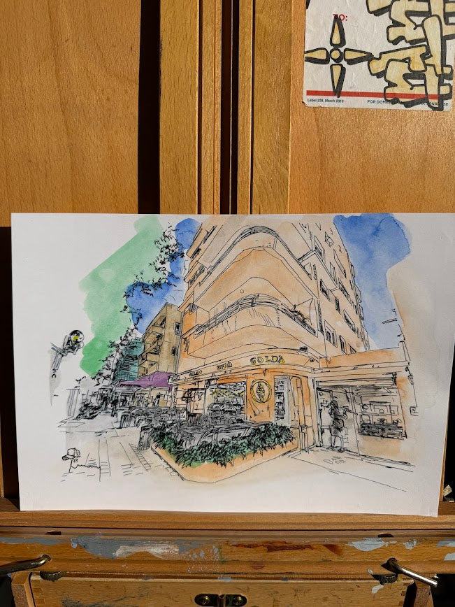 ORIGINAL WATERCOLOR PAINTING GOLDA TEL AVIV MIXED COLOURS