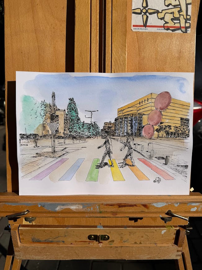 ORIGINAL WATERCOLOR PAINTING HABIMA BEATLES TEL AVIV