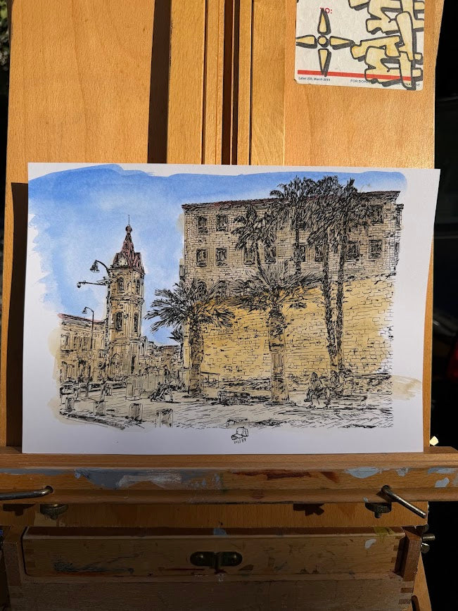 ORIGINAL WATERCOLOR PAINTING JAFFA CLOCK TOWER TEL AVIV