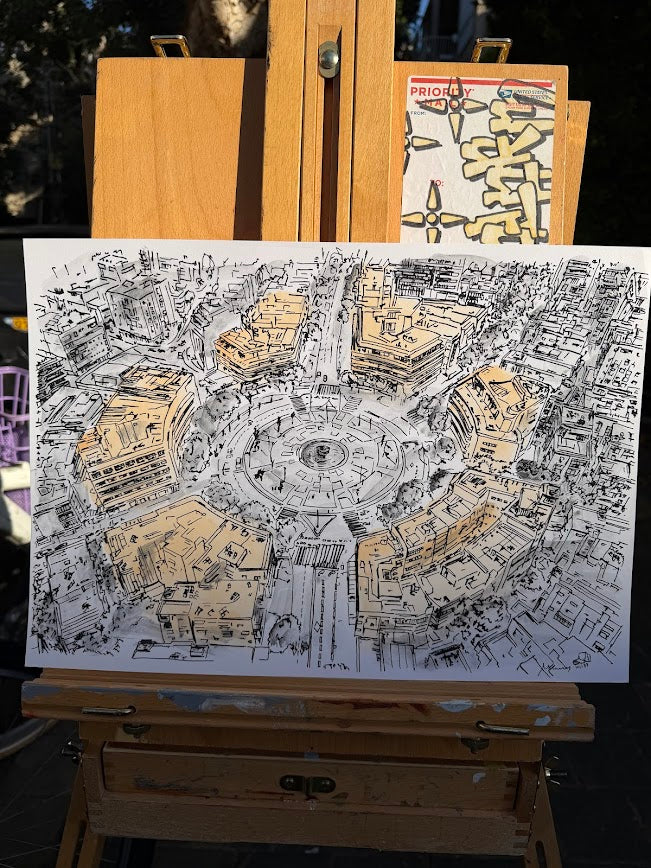 ORIGINAL WATERCOLOR PAINTING DIZENGOFF SQUARE BIRDVIEW MORE CLOSE VIEW TEL AVIV