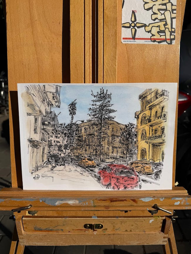 ORIGINAL WATERCOLOR PAINTING LEVONTIN STREET SOUTH TEL AVIV