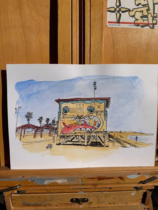 ORIGINAL WATERCOLOR PAINTING LIFEGUARD HOUSE MOUTH TEL AVIV AVIV BEACH