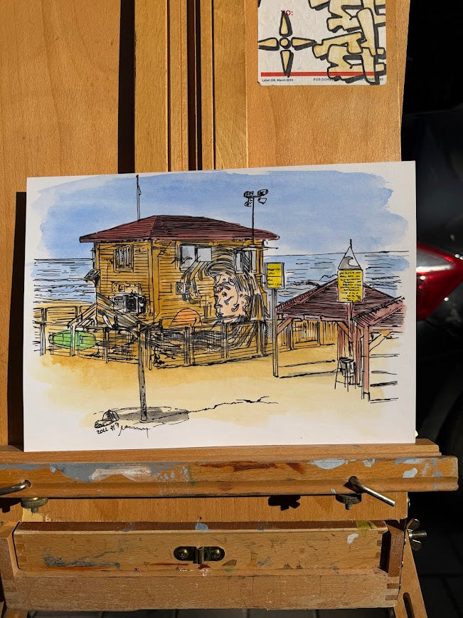 ORIGINAL WATERCOLOR PAINTING LIFEGUARD HOUSE SEA GOD TEL AVIV CHARLES CLORE BEACH