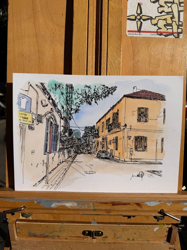 ORIGINAL WATERCOLOR PAINTING NEVE TZEDEK SHABAZI STREET TEL AVIV