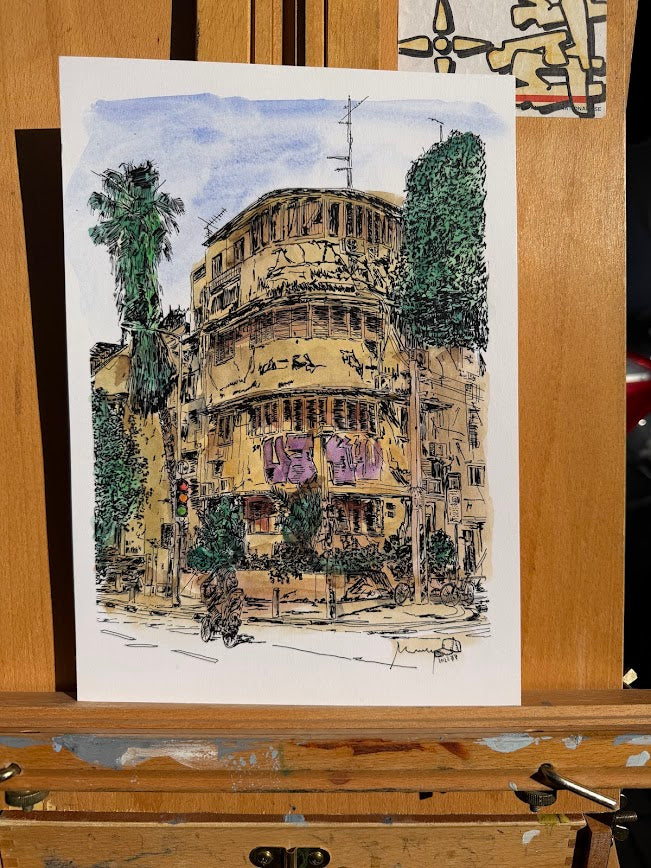 ORIGINAL WATERCOLOR PAINTING YEHUDA HALEVI STREET TEL AVIV
