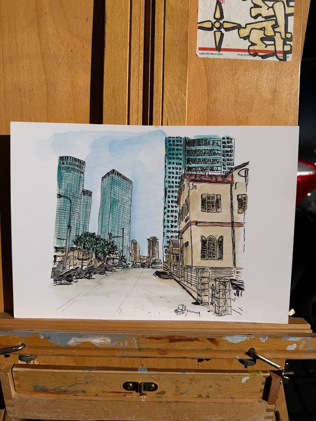 ORIGINAL WATERCOLOR PAINTING TEL AVIV AZRIELI TOWERS SHOPPING MALL