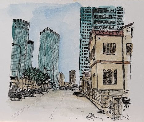 ORIGINAL WATERCOLOR PAINTING TEL AVIV AZRIELI TOWERS SHOPPING MALL