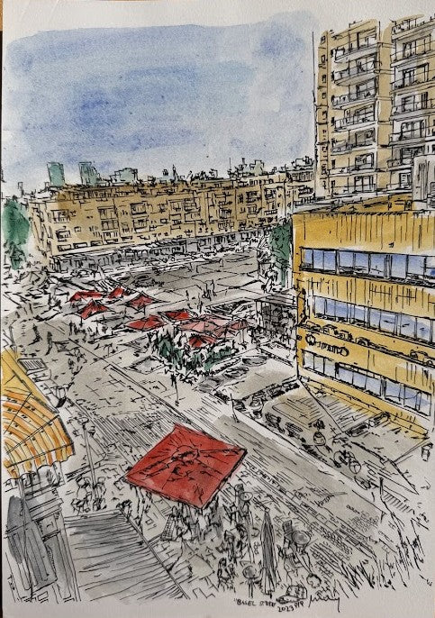 ORIGINAL WATERCOLOR PAINTING KIKAR BASEL (SQUARE) TEL AVIV