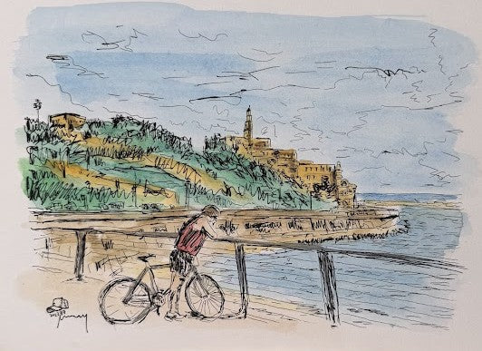 ORIGINAL WATERCOLOR PAINTING JAFFA WITH BIKE TEL AVIV