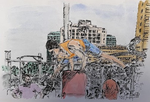 ORIGINAL WATERCOLOR PAINTING TEL AVIV CARLTON HOTEL ON THE BEACH