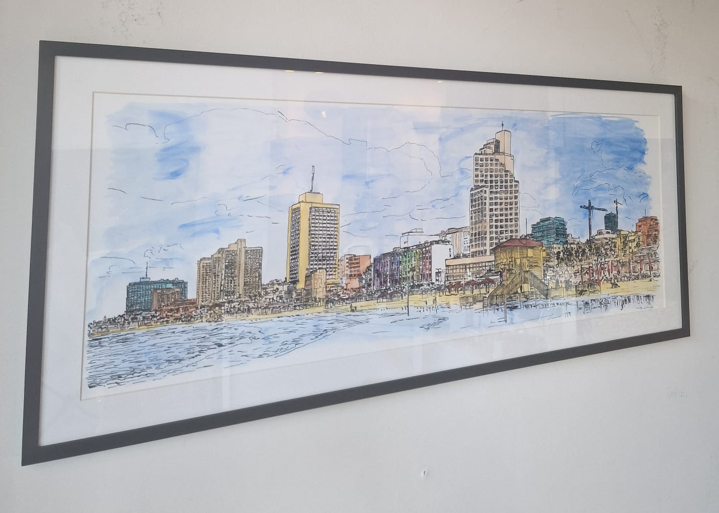 ORIGINAL WATERCOLOR PAINTING ART TEL AVIV DAN HOTEL PANORAMA
