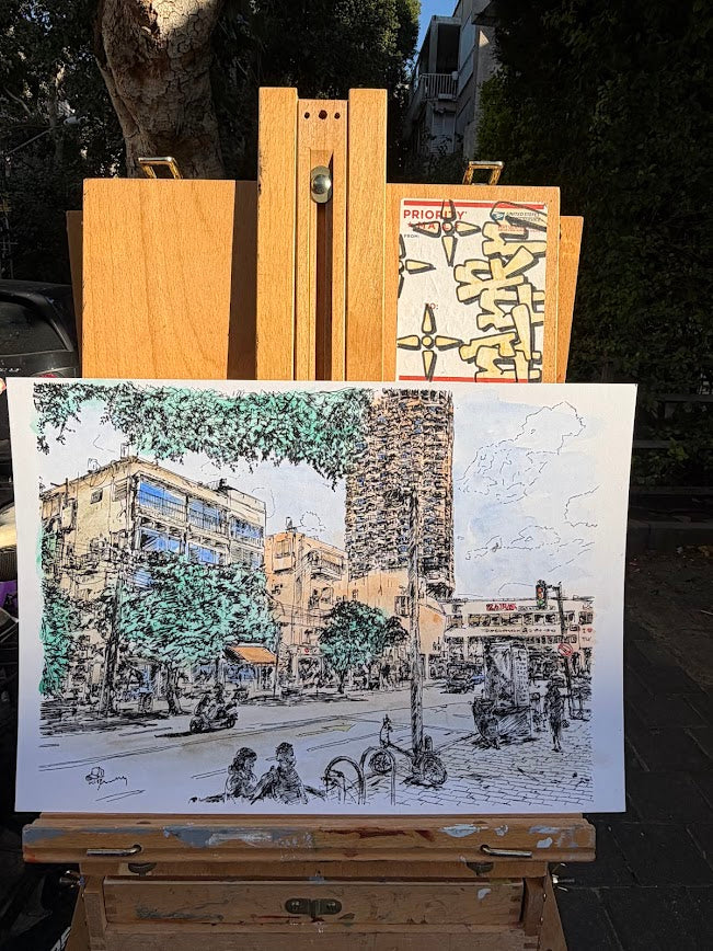 ORIGINAL WATERCOLOR PAINTING  TEL AVIV DIZENGOFF CENTER