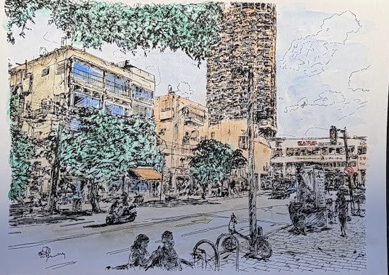 ORIGINAL WATERCOLOR PAINTING  TEL AVIV DIZENGOFF CENTER
