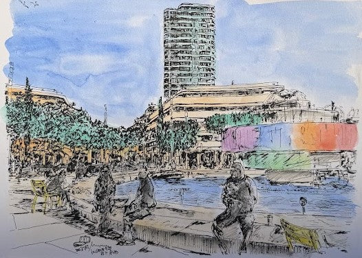 ORIGINAL WATERCOLOR PAINTING DIZENGOFF SQUARE TEL AVIV WITH PEOPLE