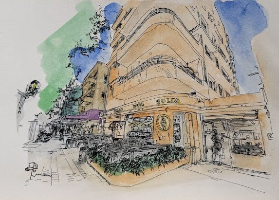 ORIGINAL WATERCOLOR PAINTING GOLDA TEL AVIV MIXED COLOURS