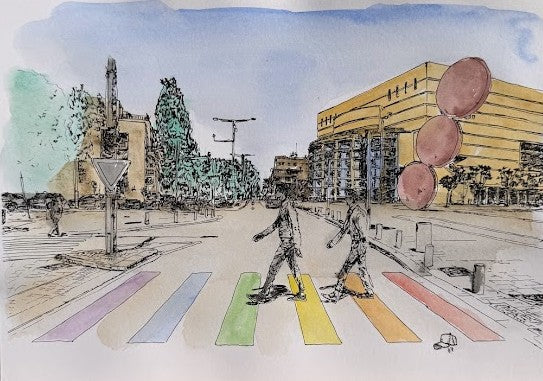 ORIGINAL WATERCOLOR PAINTING HABIMA BEATLES TEL AVIV