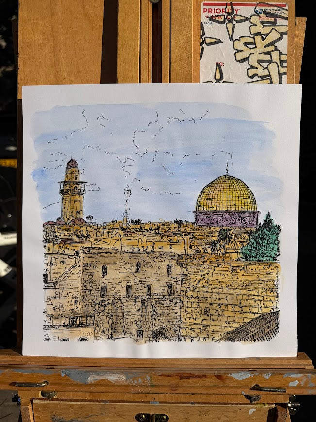 ORIGINAL WATERCOLOR PAINTING KOTEL WESTERN WALL JERUSALEM MIXED COLOURS