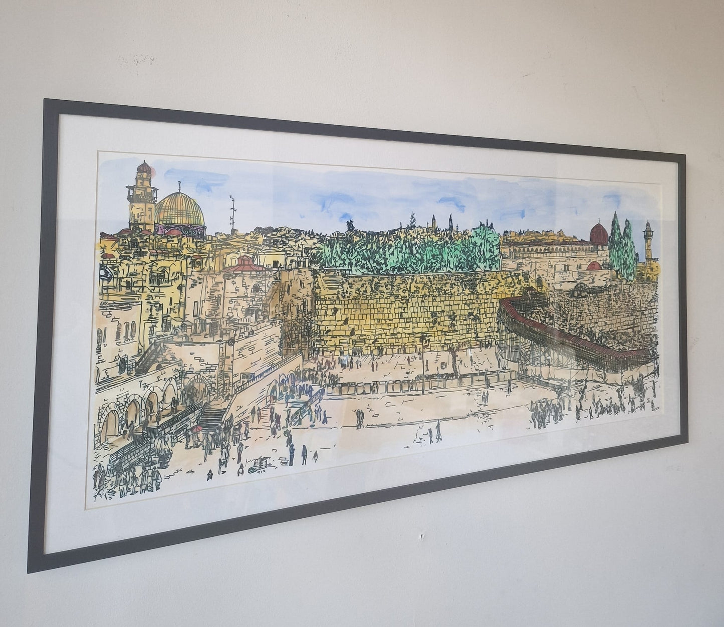 ORIGINAL WATERCOLOR PAINTING JERUSALEM KOTEL PANORAMA