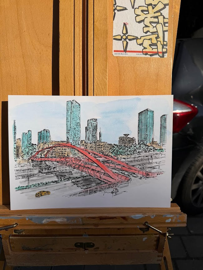 ORIGINAL WATERCOLOR PAINTING TEL AVIV AYALON HIGHWAY YEHUDIT BRIDGE