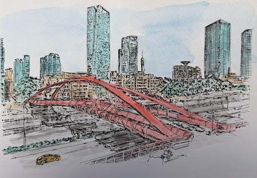 ORIGINAL WATERCOLOR PAINTING TEL AVIV AYALON HIGHWAY YEHUDIT BRIDGE