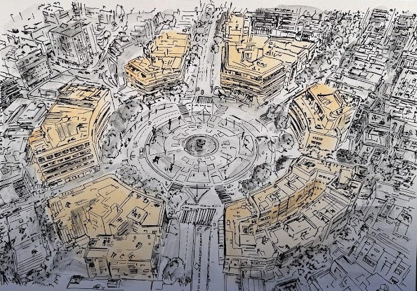 ORIGINAL WATERCOLOR PAINTING DIZENGOFF SQUARE BIRDVIEW MORE CLOSE VIEW TEL AVIV