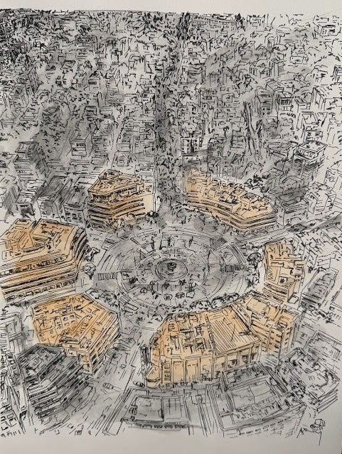 ORIGINAL WATERCOLOR PAINTING DIZENGOFF SQUARE BIRDVIEW TEL AVIV