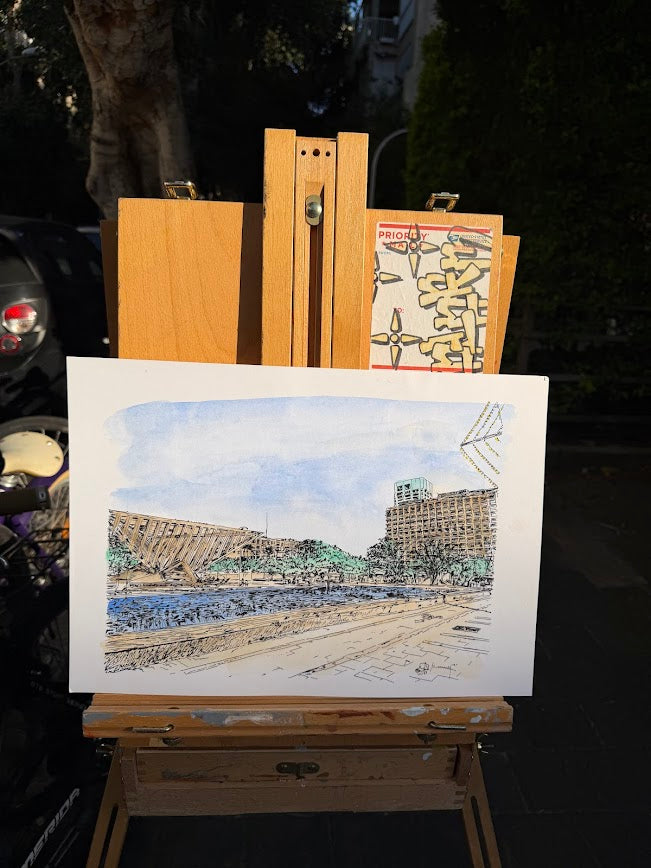 ORIGINAL WATERCOLOR PAINTING KIKAR RABIN CITY HALL TEL AVIV