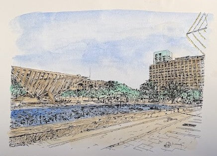 ORIGINAL WATERCOLOR PAINTING KIKAR RABIN CITY HALL TEL AVIV