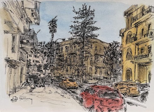 ORIGINAL WATERCOLOR PAINTING LEVONTIN STREET SOUTH TEL AVIV