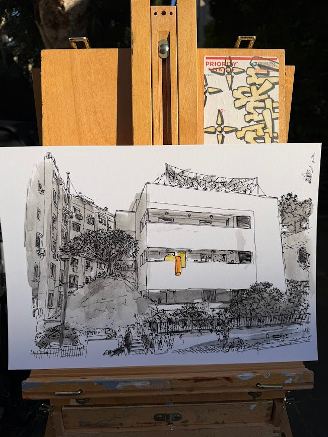 ORIGINAL WATERCOLOR PAINTING LIEBLING HOUSE TEL AVIV