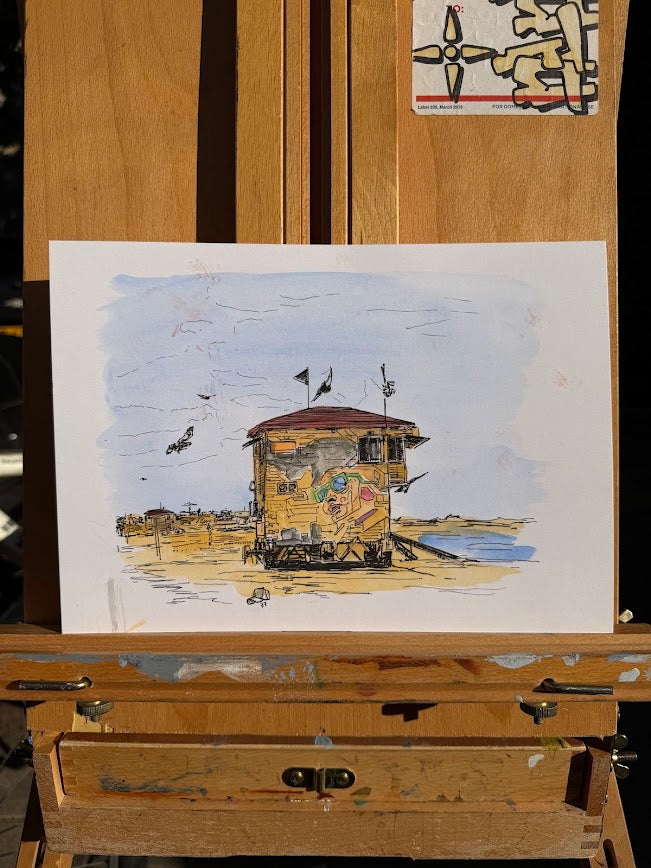 ORIGINAL WATERCOLOR PAINTING LIFEGUARD HOUSE GLASSES TEL AVIV FRISHMAN BEACH