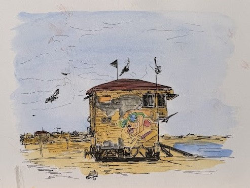 ORIGINAL WATERCOLOR PAINTING LIFEGUARD HOUSE GLASSES TEL AVIV FRISHMAN BEACH