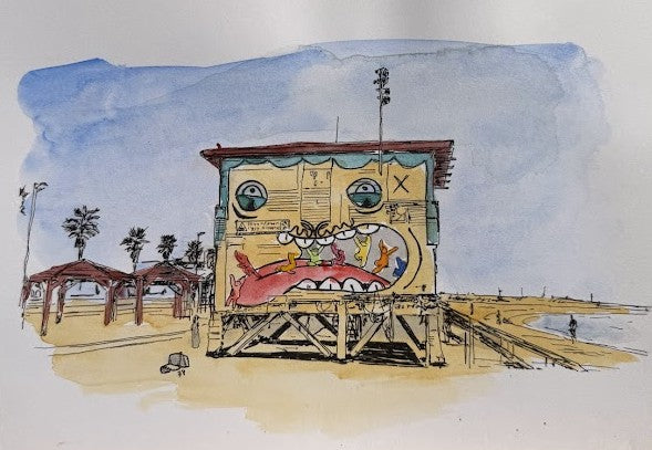 ORIGINAL WATERCOLOR PAINTING LIFEGUARD HOUSE MOUTH TEL AVIV AVIV BEACH