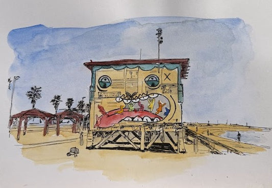 ORIGINAL WATERCOLOR PAINTING LIFEGUARD HOUSE MOUTH TEL AVIV AVIV BEACH