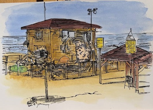ORIGINAL WATERCOLOR PAINTING LIFEGUARD HOUSE SEA GOD TEL AVIV CHARLES CLORE BEACH