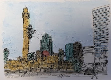 ORIGINAL WATERCOLOR PAINTING MOSQUE TEL AVIV