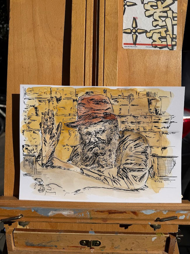 ORIGINAL WATERCOLOR  PAINTING THE REBBE FROM BROOKLYN WITH THE WESTERN WALL