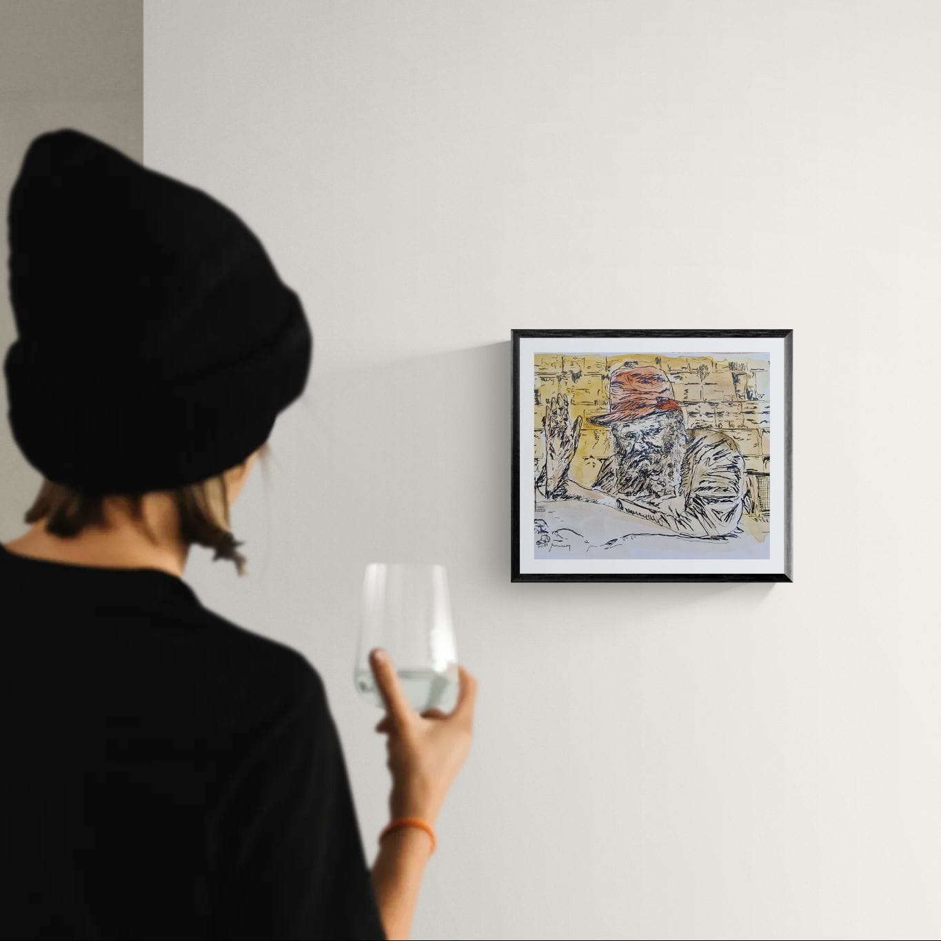 WATERCOLOR  PAINTING THE REBBE FROM BROOKLYN WITH THE WESTERN WALL