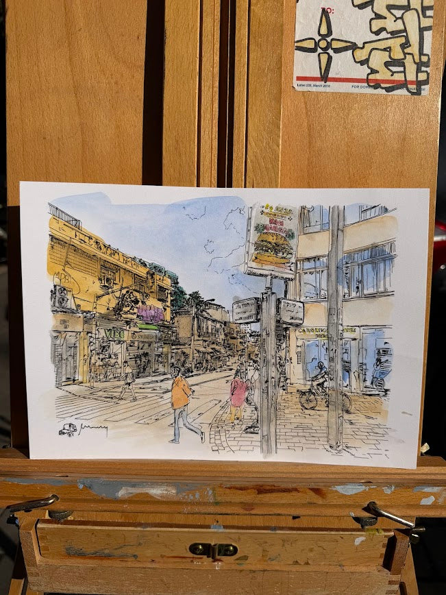 ORIGINAL WATERCOLOR PAINTING SHENKIN STREET CORNER KING GEORGES TEL AVIV