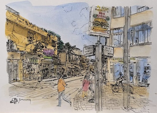 ORIGINAL WATERCOLOR PAINTING SHENKIN STREET CORNER KING GEORGES TEL AVIV