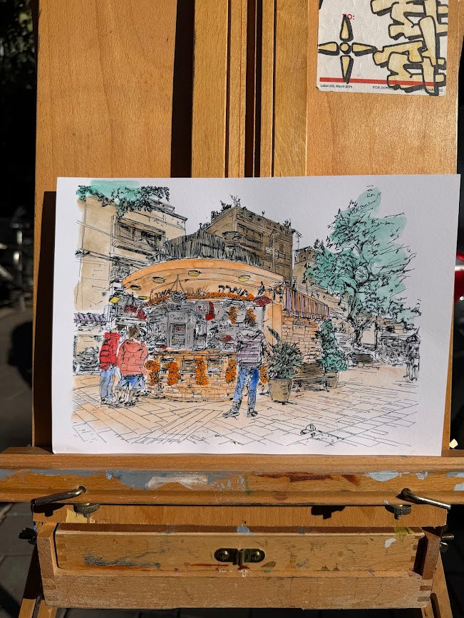 ORIGINAL WATERCOLOR PAINTING TAMARA KIOSK TEL AVIV