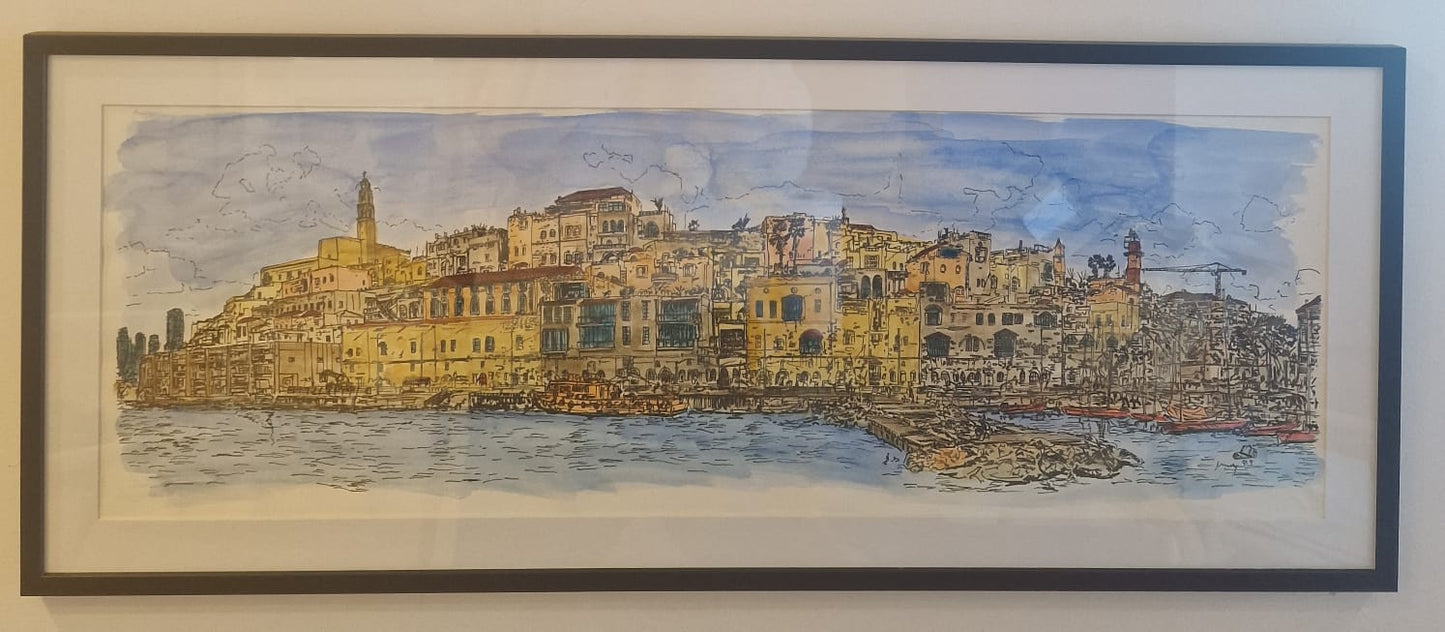 ORIGINAL WATERCOLOR PAINTING TEL AVIV YAFFO PANORAMA