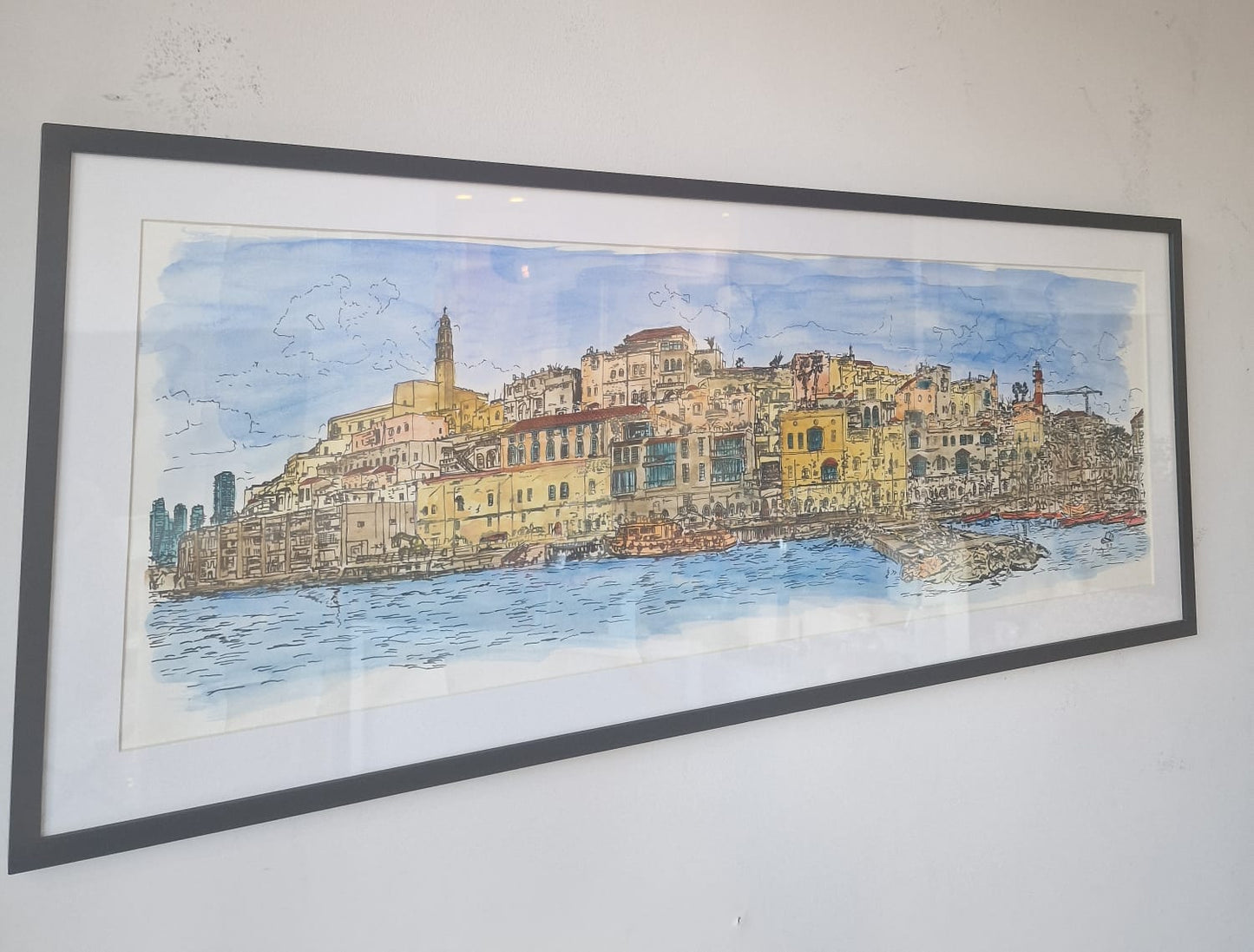 ORIGINAL WATERCOLOR PAINTING TEL AVIV YAFFO PANORAMA